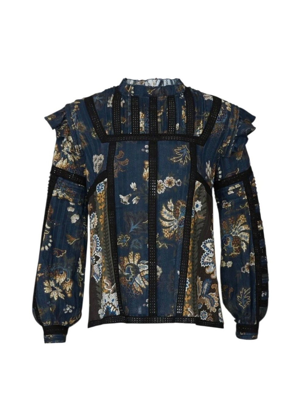 Sea New York Pascale Long Sleeve Blouse Blue Floral Ruffle Lace FLAWED